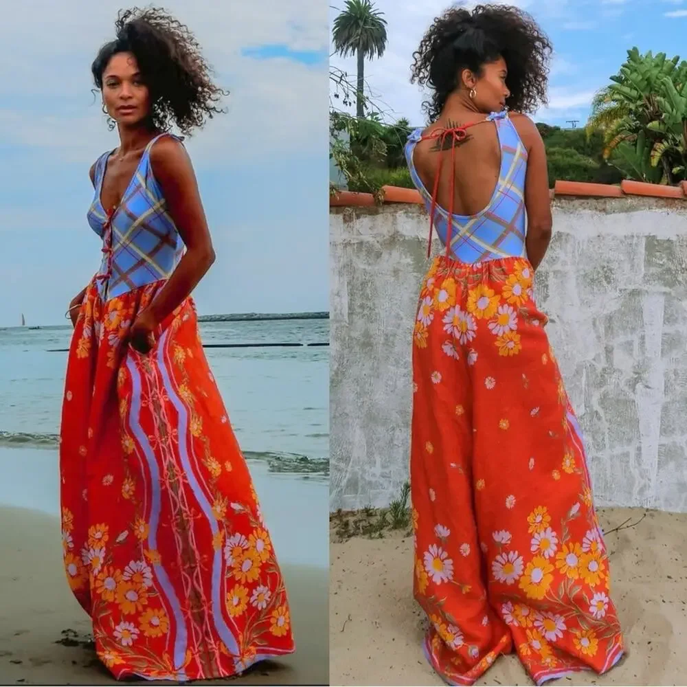 Free People Linen Bali Honeydew Jumpsuit in Fiesta Combo Size Small NWT Bohemian